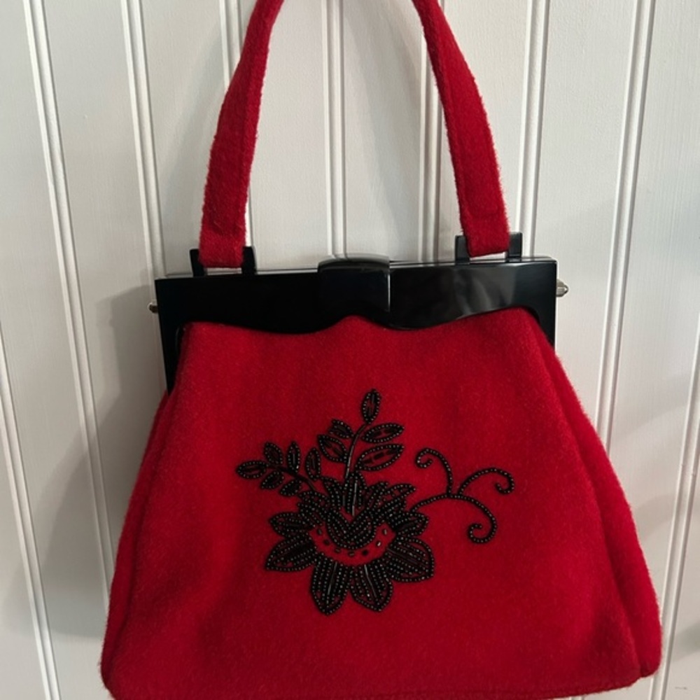Timmy Woods of Beverly Hills Vintage Red Wool Felt Custom Handbag, Black Beading